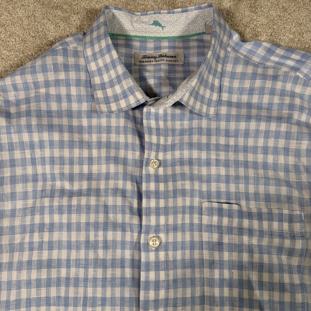 Tommy Bahama Barbados Breeze Stretch Linen Blend Shirt Mens‎ XL Blue Gingham